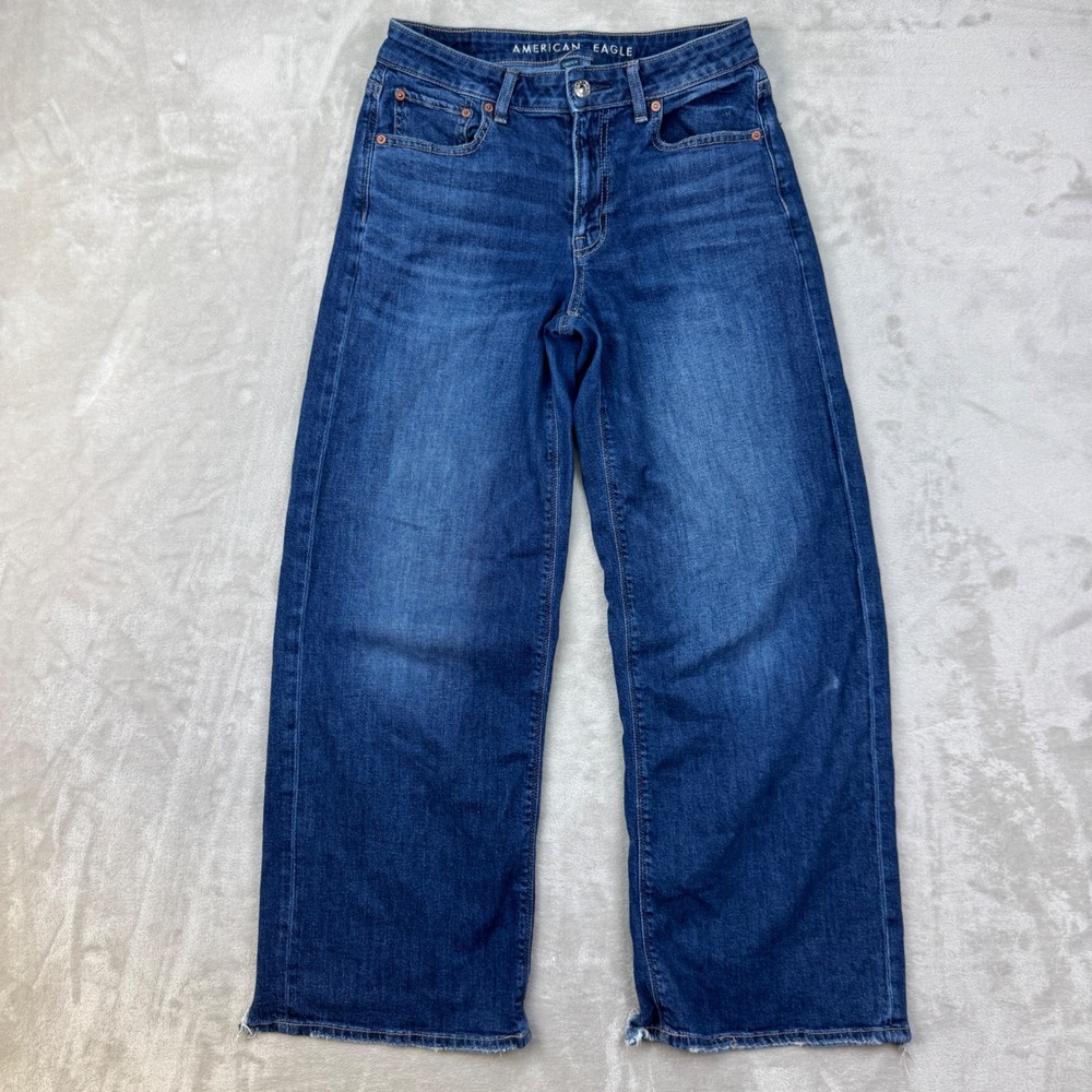 American Eagle Low Rise Baggy Wide Leg Jeans Womens 2 Short Blue Stretch Denim